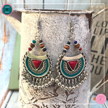 Load image into Gallery viewer, Bohemian Arabian-Inspired Dangle Earrings in Red, Turquoise and Silver - Harness Merece by GTG