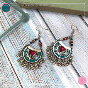 Bohemian Arabian-Inspired Dangle Earrings in Red, Turquoise and Silver - Harness Merece by GTG