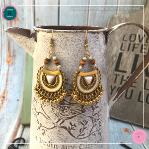 Bohemian Arabian-Inspired Dangle Earrings in Ivory White and Gold - Harness Merece by GTG