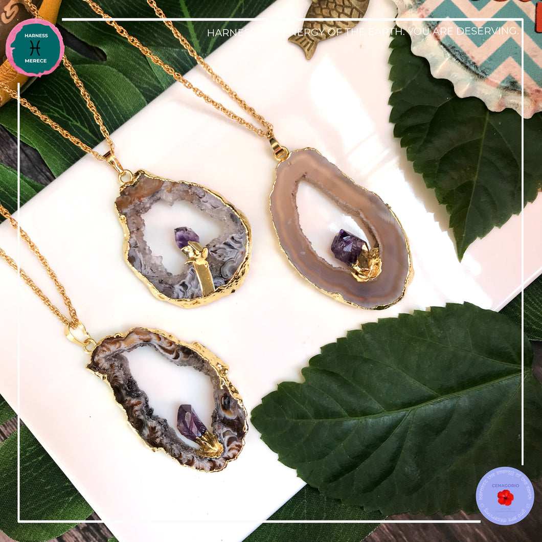 Druzy Agate with Amethyst Gold Necklace - Harness Merece by GTG